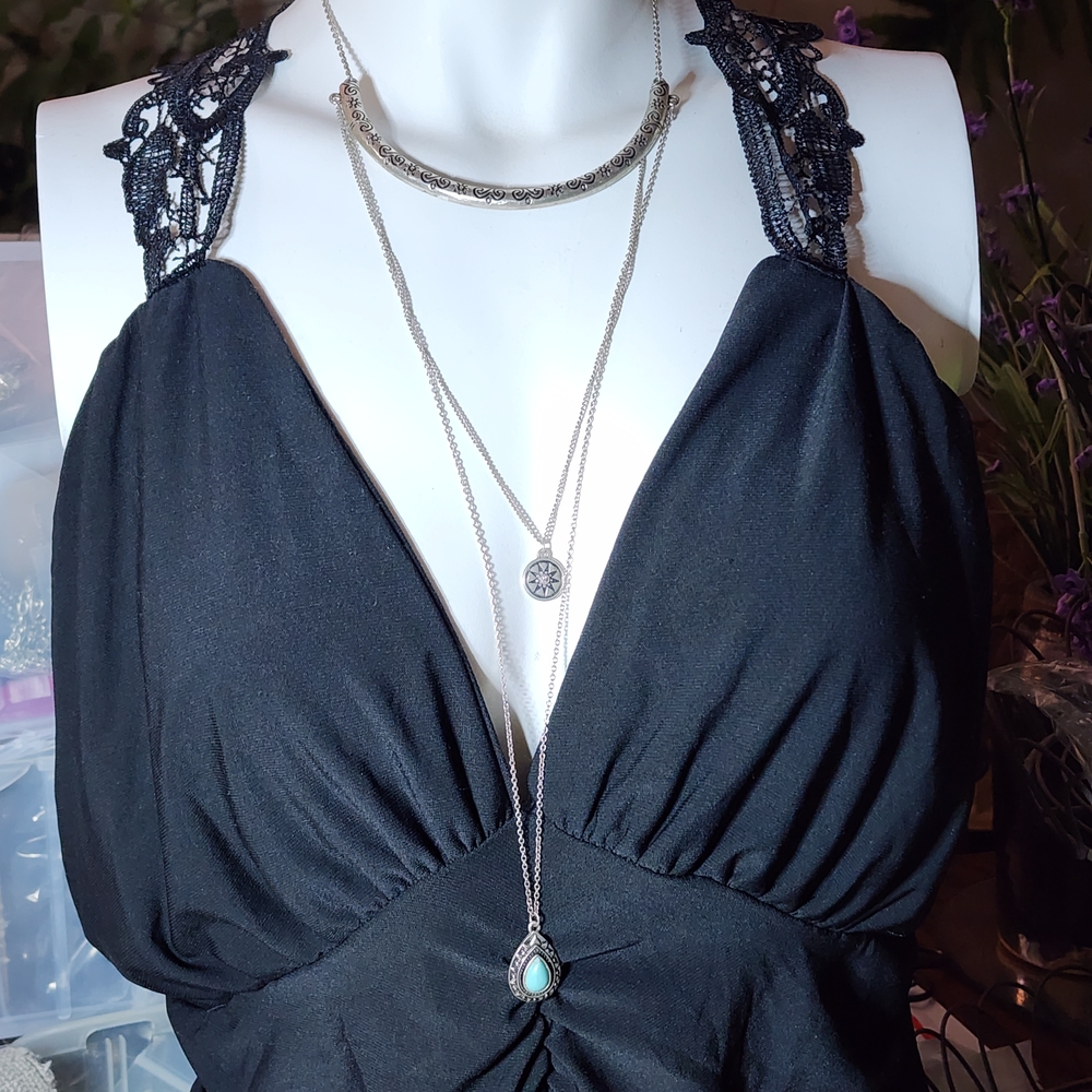 Vintage Necklace With Curved Bar, Sun Charm & Faux Turquoise Teardrop Pendant